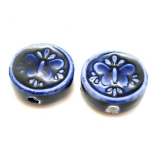 Porcelæns Perle Flad - Rund 17 Mm - Mørk Blå / Lilla - 4 Stk
