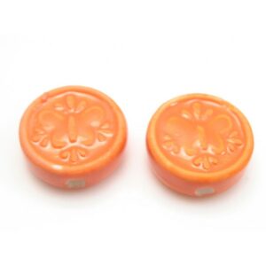 Porcelæns Perle Flad - Rund 17 Mm - Orange - 4 Stk