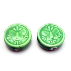 Porcelæns Perle Flad - Rund 17 Mm - Grøn - 4 Stk